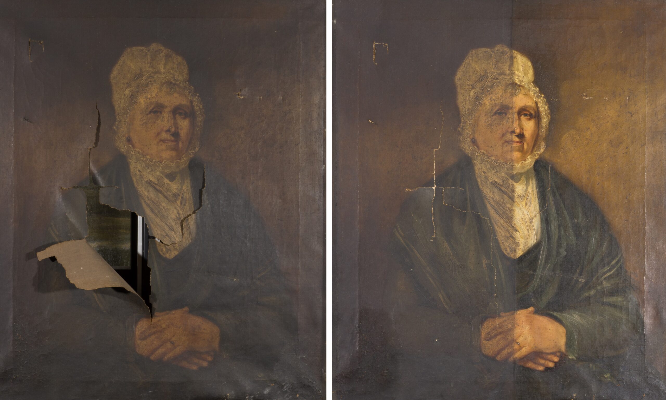 ‘Half-length portrait of the Dock Master's Wife’ before and after treatment.