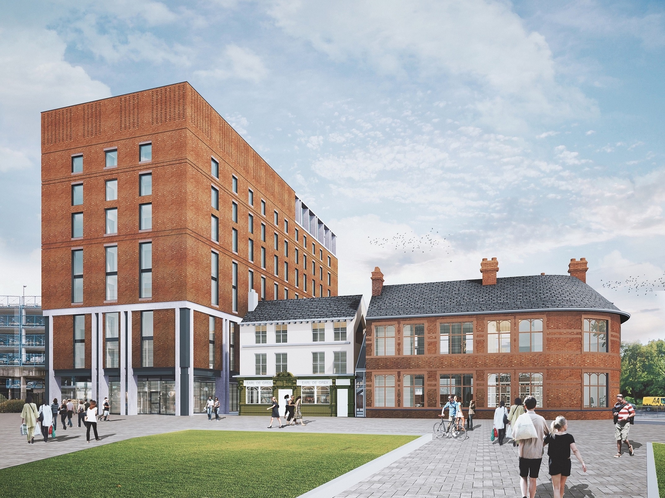 A computer-generated image of a new nine-storey hotel, with sky bar and roof terrace to the rear, and relocated Earl De Grey and refurbished Castle Street Chambers buildings alongside.
