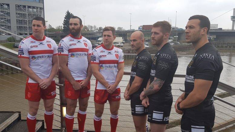 From left, Hull KR stars Joel Tomkins, Kane Linnett and Chris Atkin, and Hull FC stars Danny Houghton, Marc Sneyd and Carlos Tuimavave at Scale Lane Bridge in Hull.