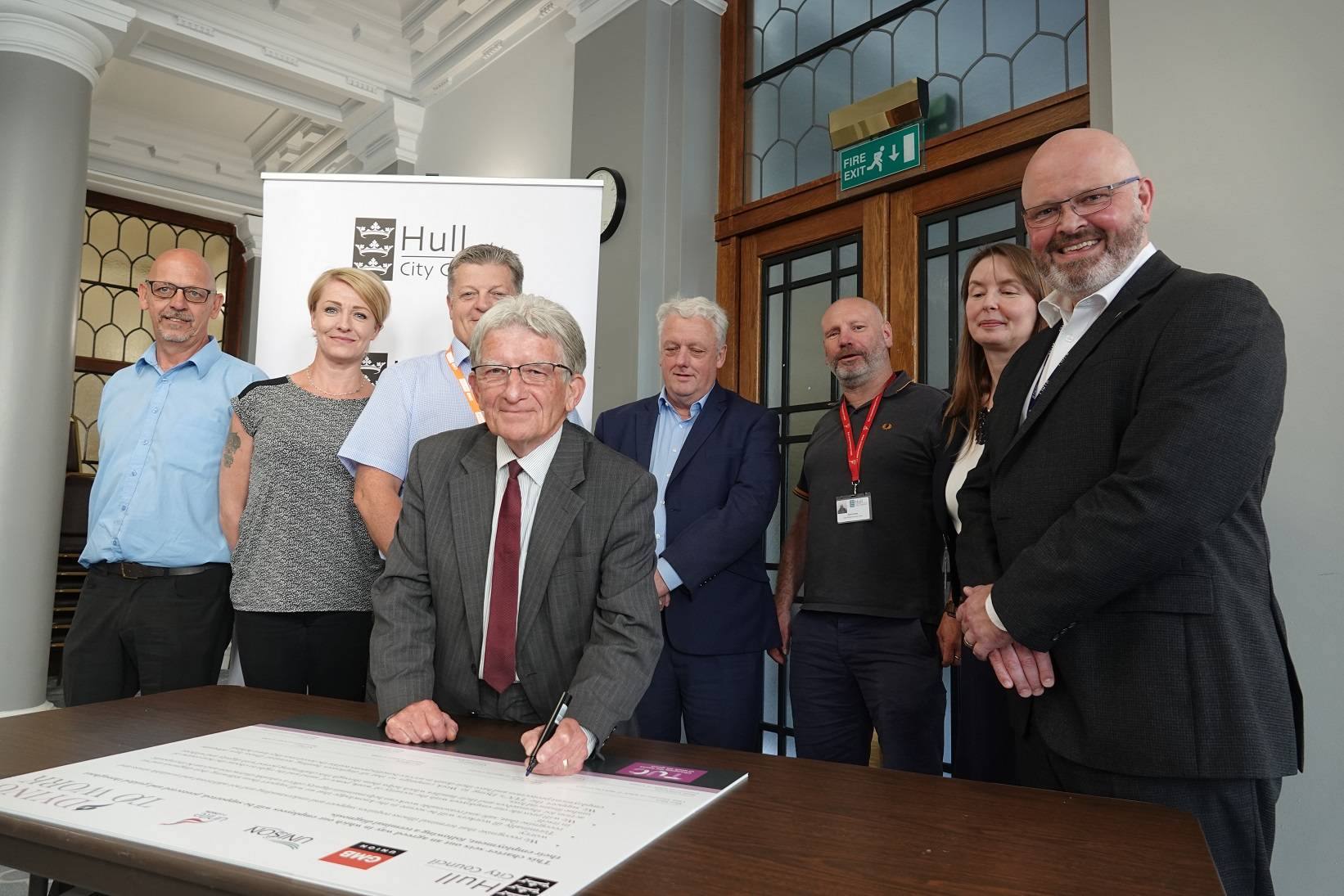 Hull City Council leader Stephen Brady signs the ‘Dying to Work’ Charter at the Guildhall. Above left to right: Neil Ware of GMB, Nikki Osborne of Unison, Dave Oglesby of GMB, Bill Adams of TUC, Dave Curtis of Unite, Jacqui Blesic of Hull City Council, Matt Jukes, chief executive of Hull City Council.