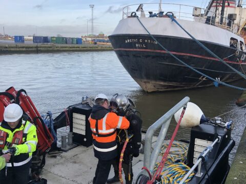 View article Watch as divers survey Arctic Corsair’s hull ahead of major restoration