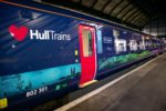 A train with the Hull Trains logo on the site