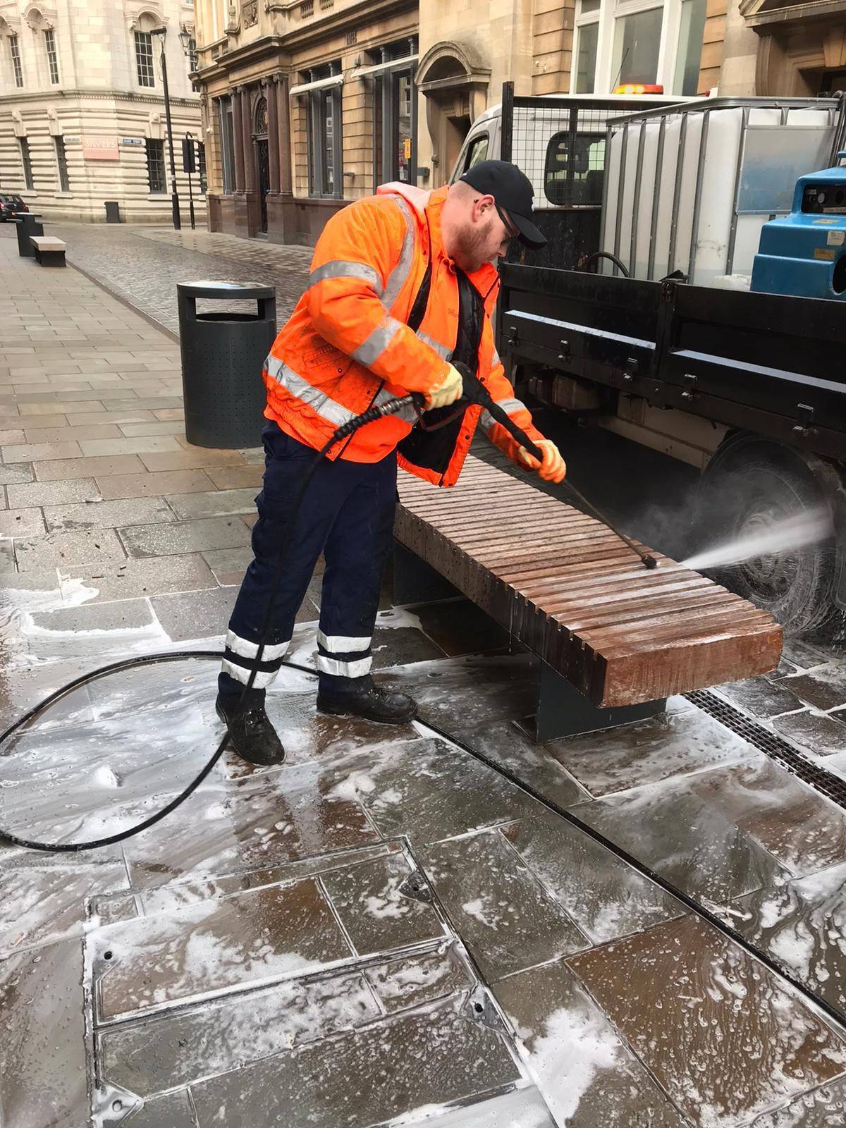 Street furniture is cleaned