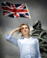 a young woman salutes next to a statue and the union jack flag