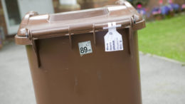 A brown bin with a caddy liner request tag attached to the handle