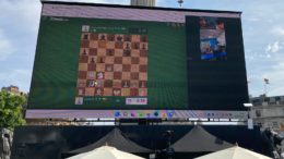 The online chess game displayed on a big screen in Trafalgar Square, London.