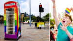 Collage image. On the left is a picture with phone box painted in rainbow colours in the foreground, a sign advertising Pride 200 road closures in the mid ground and Queens Gardens in the background. On the right is a man in the crowd from a previous Pride event.