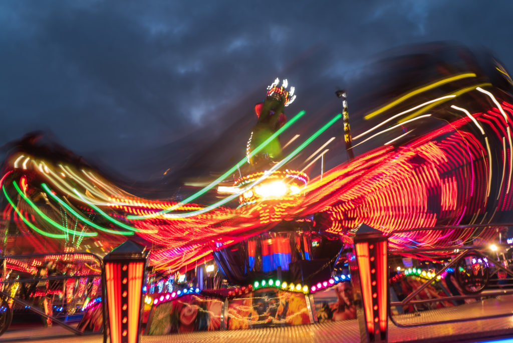 A rollercoaster ride in motion at Hull Fair.