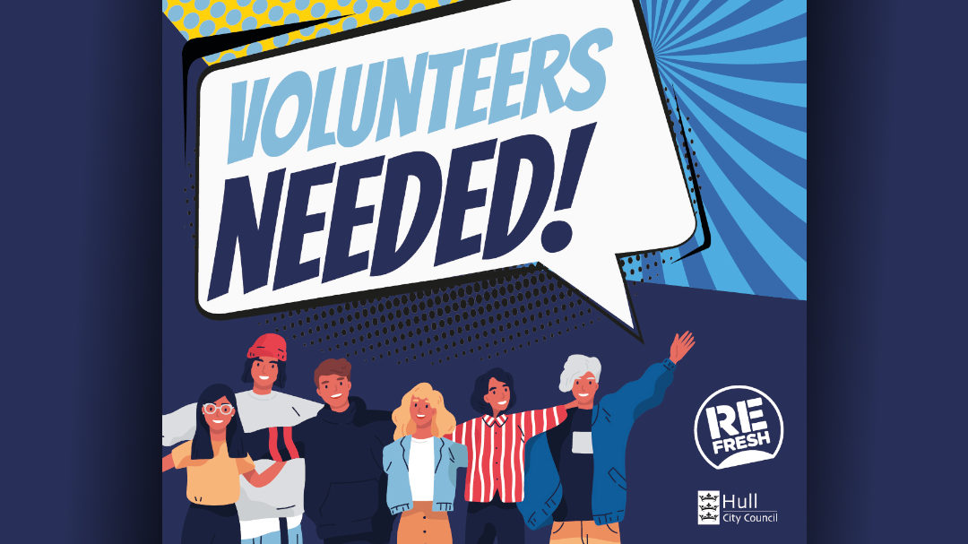 a pop-art inspired poster with a cartoon of a number of young people. a speech bubble says 'volunteers needed!'. The poster is bright, with the main colours yellow and blue.