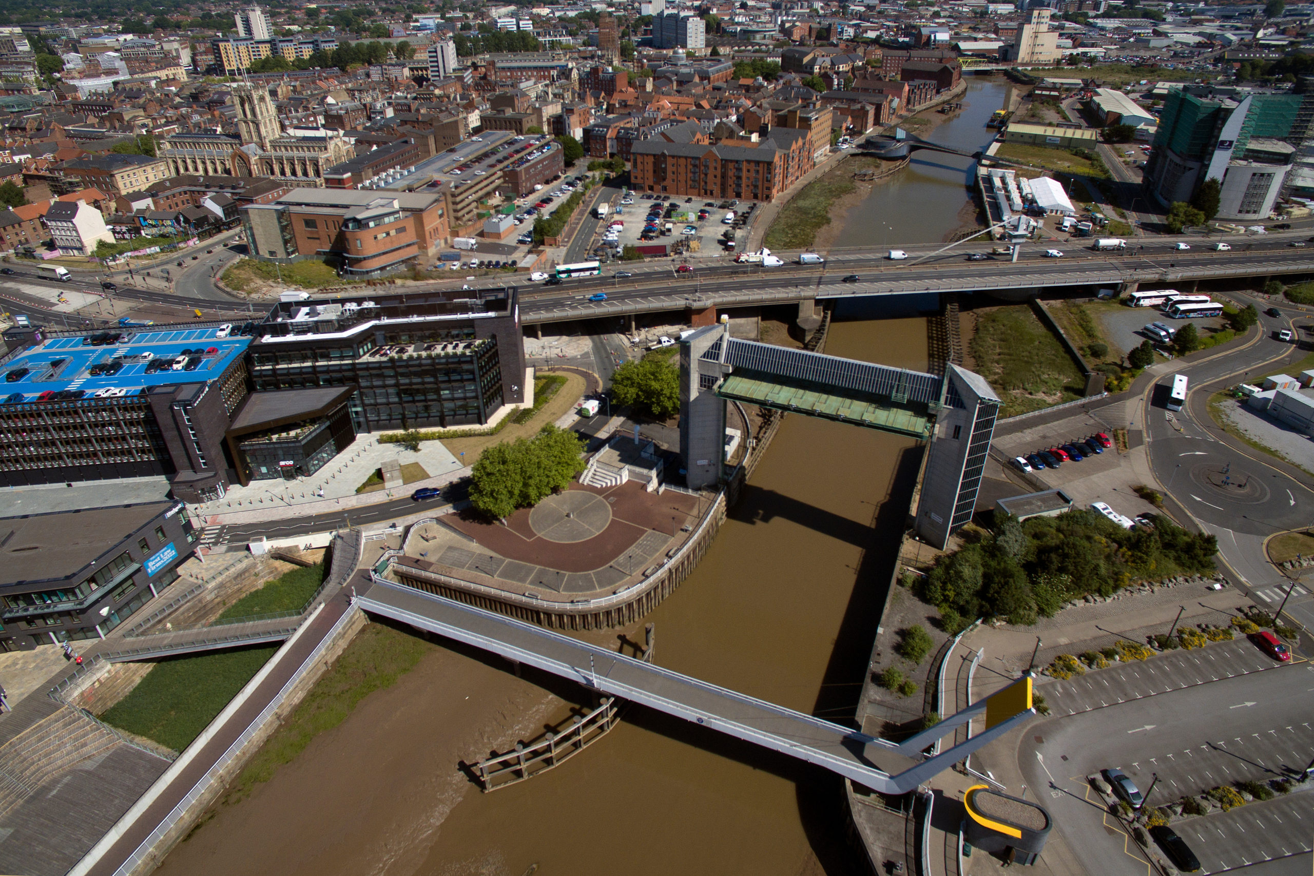 Aerial view of Myton Bridge on the A63