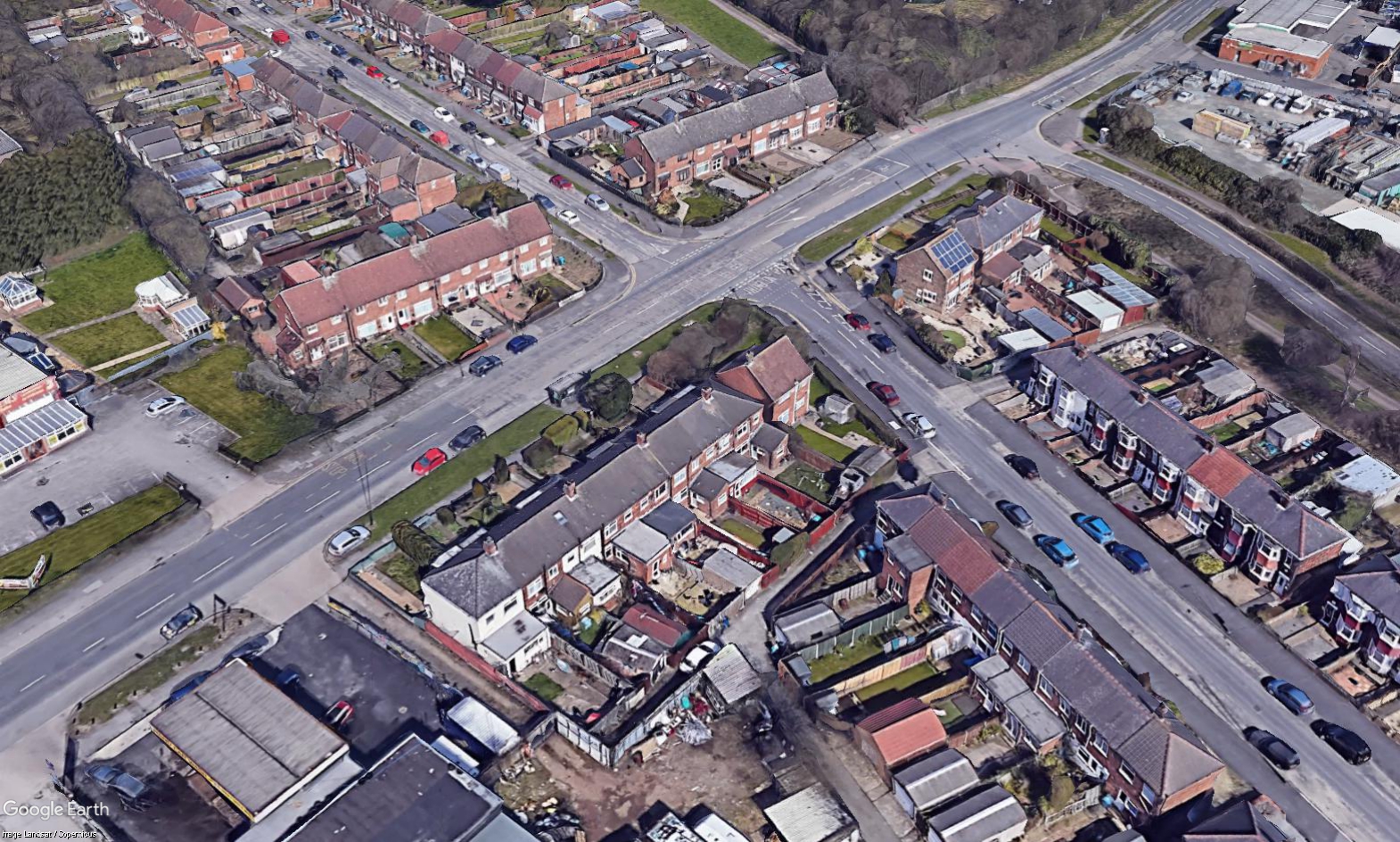 Google Earth image of a section of Leads Road between Lindengate Way and the Colfax Windows showroom.