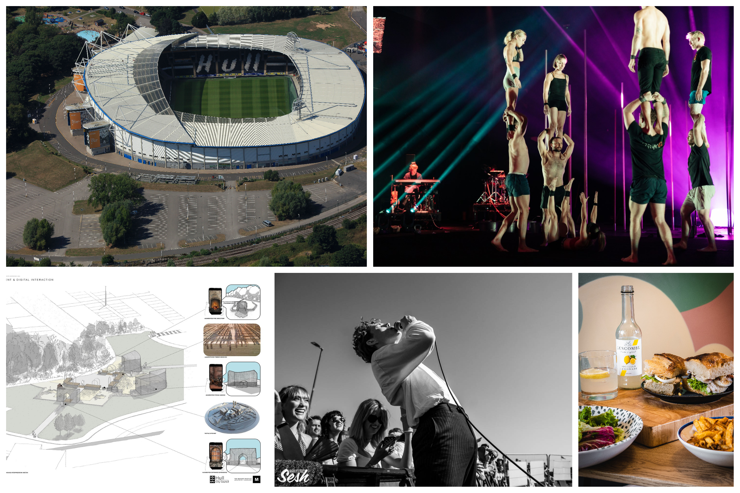 Images of the MKM Stadium, Freedom Festival 2022, Humber Street Sesh, South Blockhouse plans and Hearth in Trinity Square.