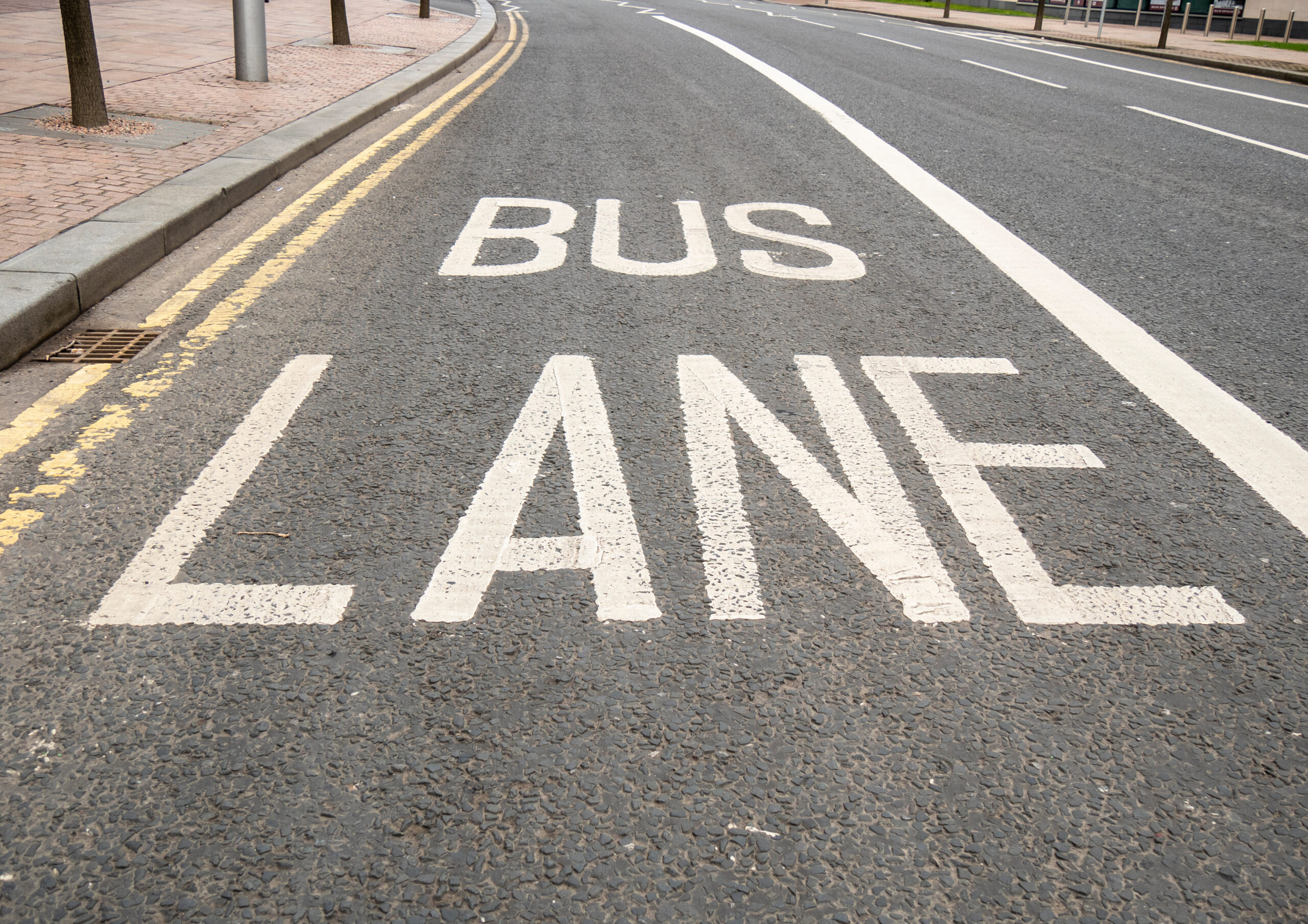 Bus Lane markings on road, Titanic Quarter, Belfast