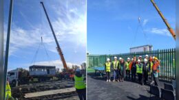 Children and staff from Northcott School were on site to watch the crane lift in the new classrooms.