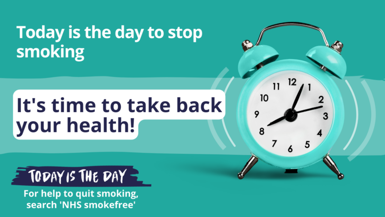 A green graphic with an image of an alarm clock. White text says: Today is the day to stop smoking. It's time to take back your health. For help to quit smoking, search NHS smokefree