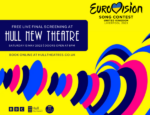 Yellow background poster with blue, black and pink hearts and Eurovision logo.