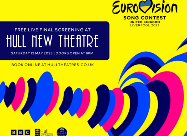 Yellow background poster with blue, black and pink hearts and Eurovision logo.