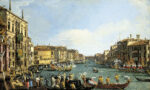 A painting by Canaletto of a river with buildings running down each side and people on boats
