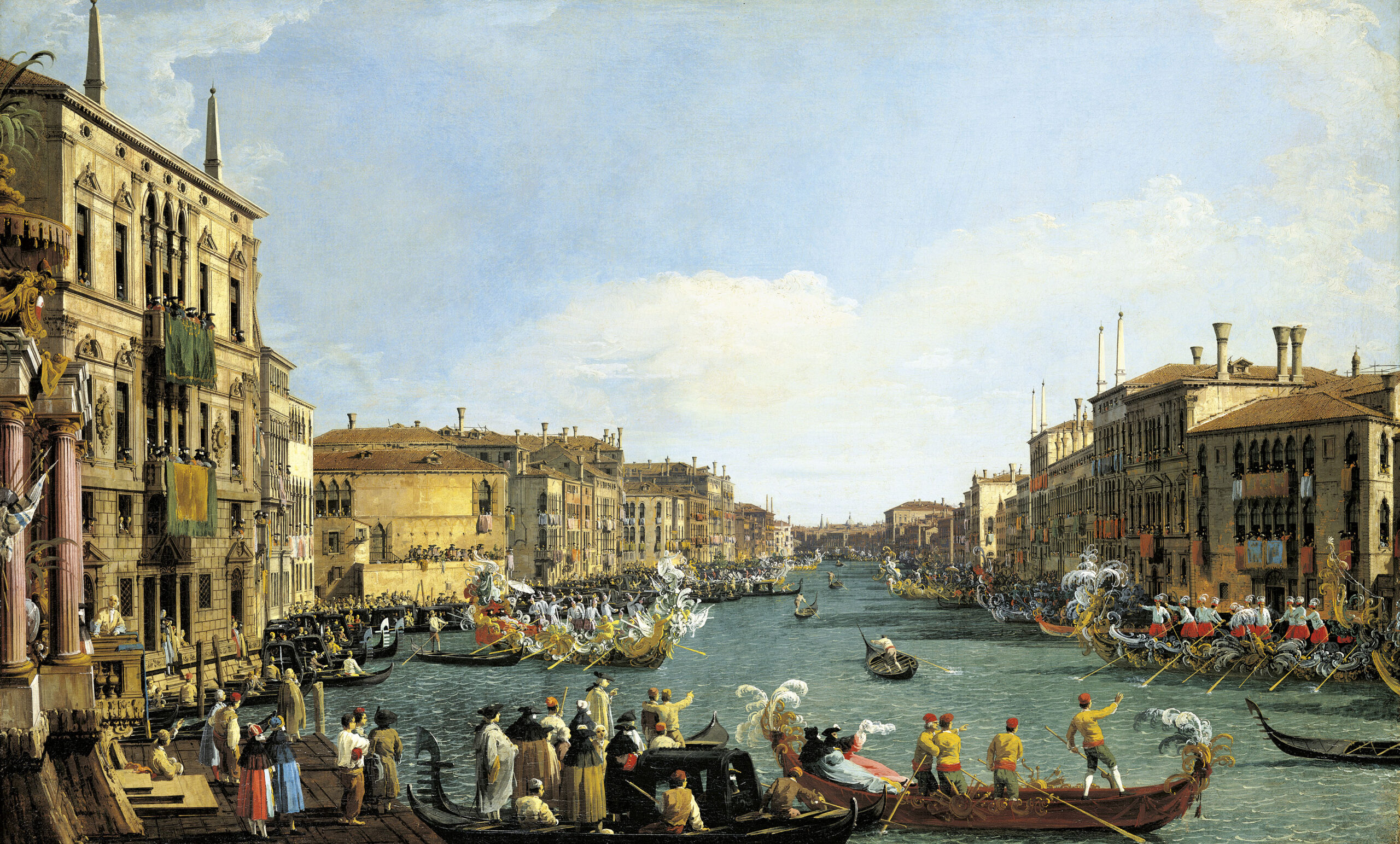 A painting by Canaletto of a river with buildings running down each side and people on boats