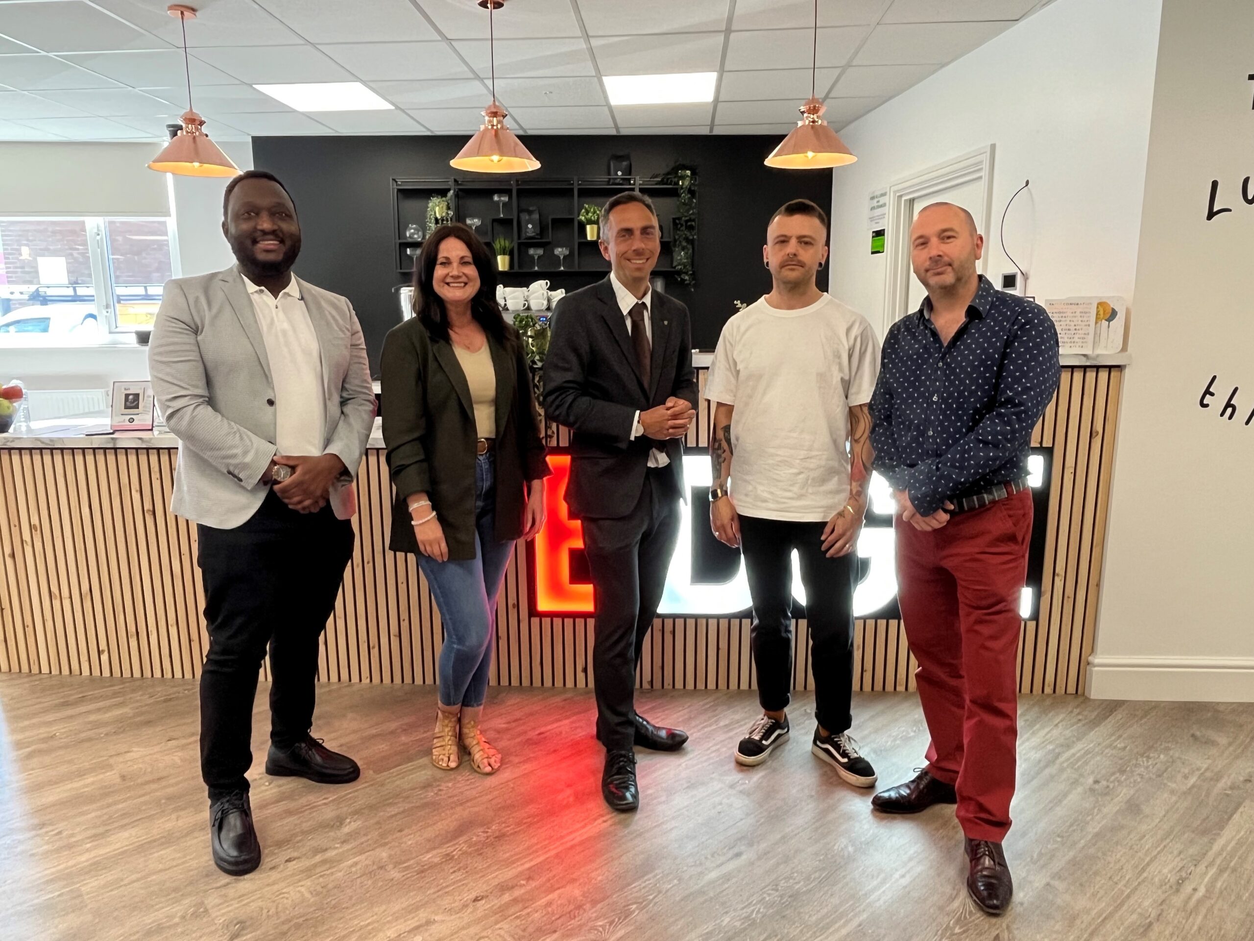Funds launched for musicians and creative people in Hull. From left to right, Antonio Tombanane (Founder & CEO, The Edge Hub), Elly Taylor (Operations Director, The Edge Hub), Councillor Mike Ross (Leader, Hull City Council), Stew Baxter (Director, Hinterland Creative), and Shaun Larvin (Founder & Chairman, The Edge Hub).