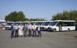 From left, Cllr Garreth Byrne, Cllr Terry Keal, Cllr Jan Loft, Richard Mathews; Mellor’s ‘UK Sales Director', Cllr Mark Ieronimo, Mike Vining; Kingstown Works Limited ‘Fleet Workshops Manager’ and Darren Nicholson; Kingstown Works Limited ‘Chief Financial Officer’, with some of the new accessible buses.