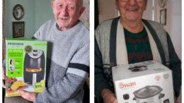 two separate photos of two different men, each holding a slow cooker. They are facing them camera and smiling
