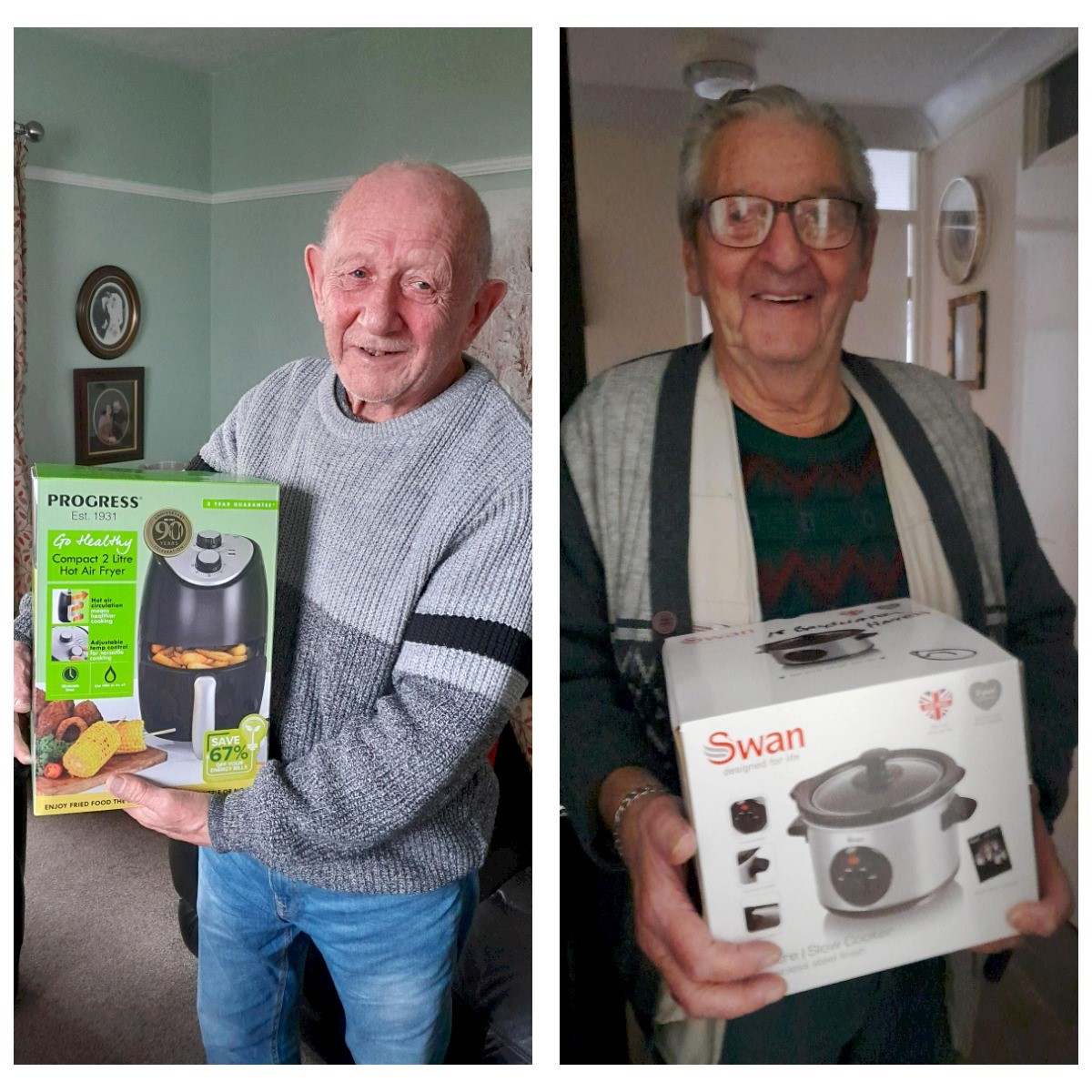 two separate photos of two different men, each holding a slow cooker. They are facing them camera and smiling