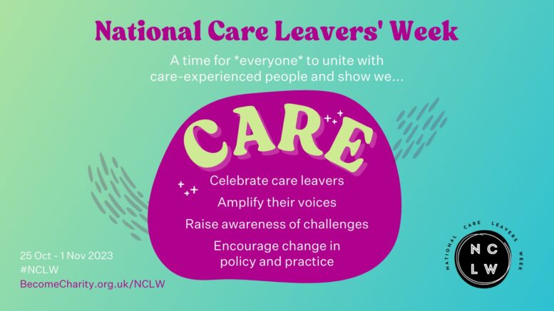 The pink and green graphic says National Care Leavers Week is a time for everyone to unite with care-experienced people and show we care.