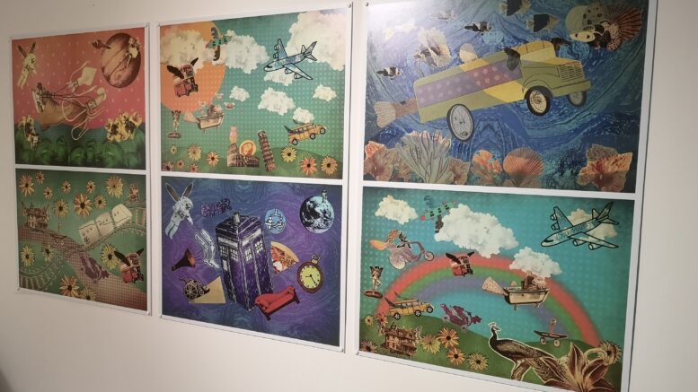 A collection of six paintings on a wall in bright colours depicting travel