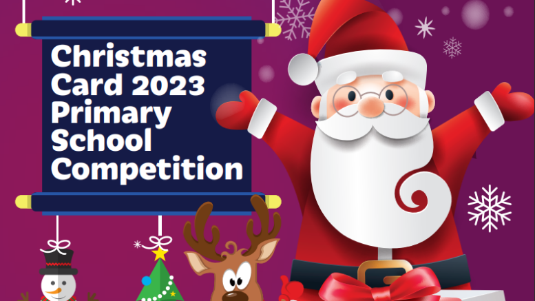 Christmas card 2023 primary school competition. It has a picture of santa and some baubles on it.