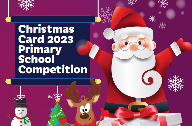 Christmas card 2023 primary school competition. It has a picture of santa and some baubles on it.