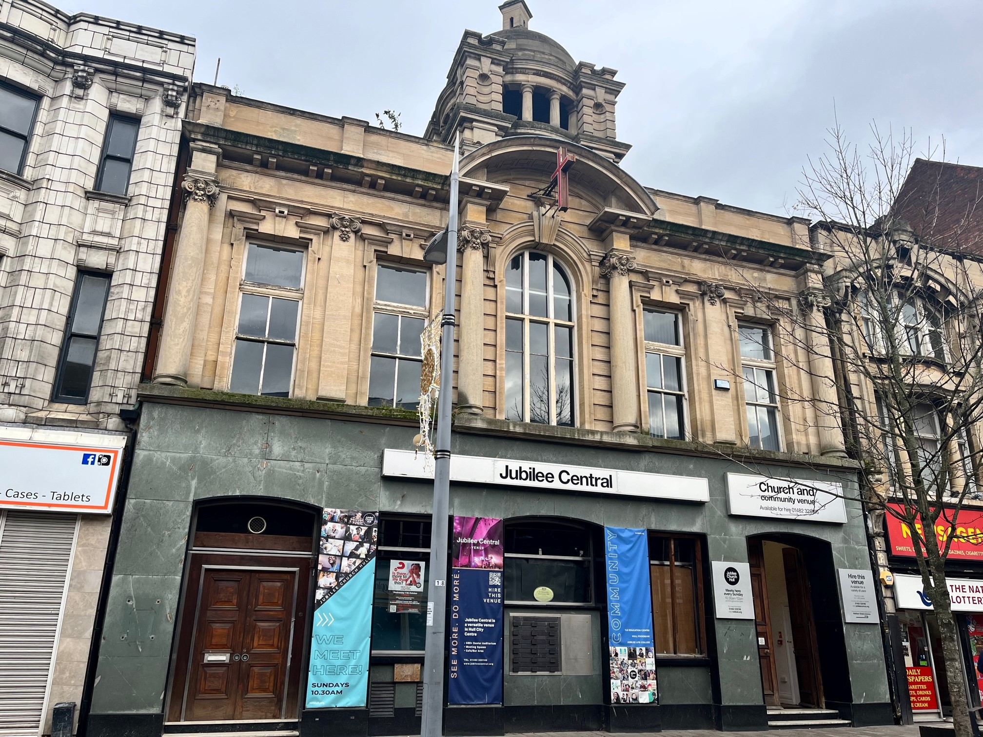 Jubilee Church building against grey sky background