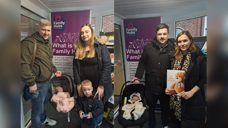 The two pictures show two smiling families with their newborn babies after registering their baby's birth.