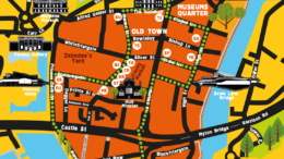 a map of the Old Town, showing the 17 venues which are members of the Low Ale Trail. It includes street names, bright colours and digital renderings of local landmarks
