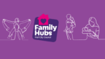 The purple family hubs graphic has a pink house on it and doodle drawings of parents and children.