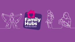 The purple family hubs graphic has a pink house on it and doodle drawings of parents and children.