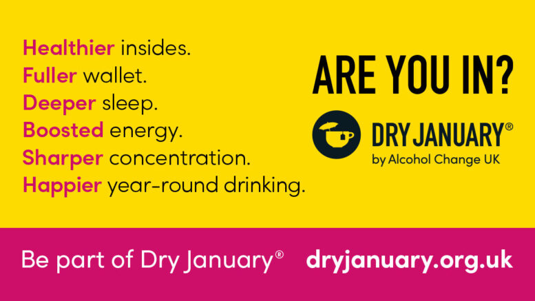 an infographic in bright pink and yellow with black text. The text reads: healthier insides, fuller wallet, deeper sleep, boosted energy, sharper concentration, healthier year-round drinking. It has a black 'Dry January' logo, with additional text which says 'Are you in?'.