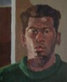 Oil painting of a man with dark skin and hair, wearing a green collared jumper