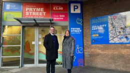 From left to right: Councillor Mark Ieronimo, Portfolio Holder for Transportation, Roads, and Highways, and Kerry Ryan, Head of Transport and Traffic Management at Hull City Council, outside the entrance to Pryme Street car park.