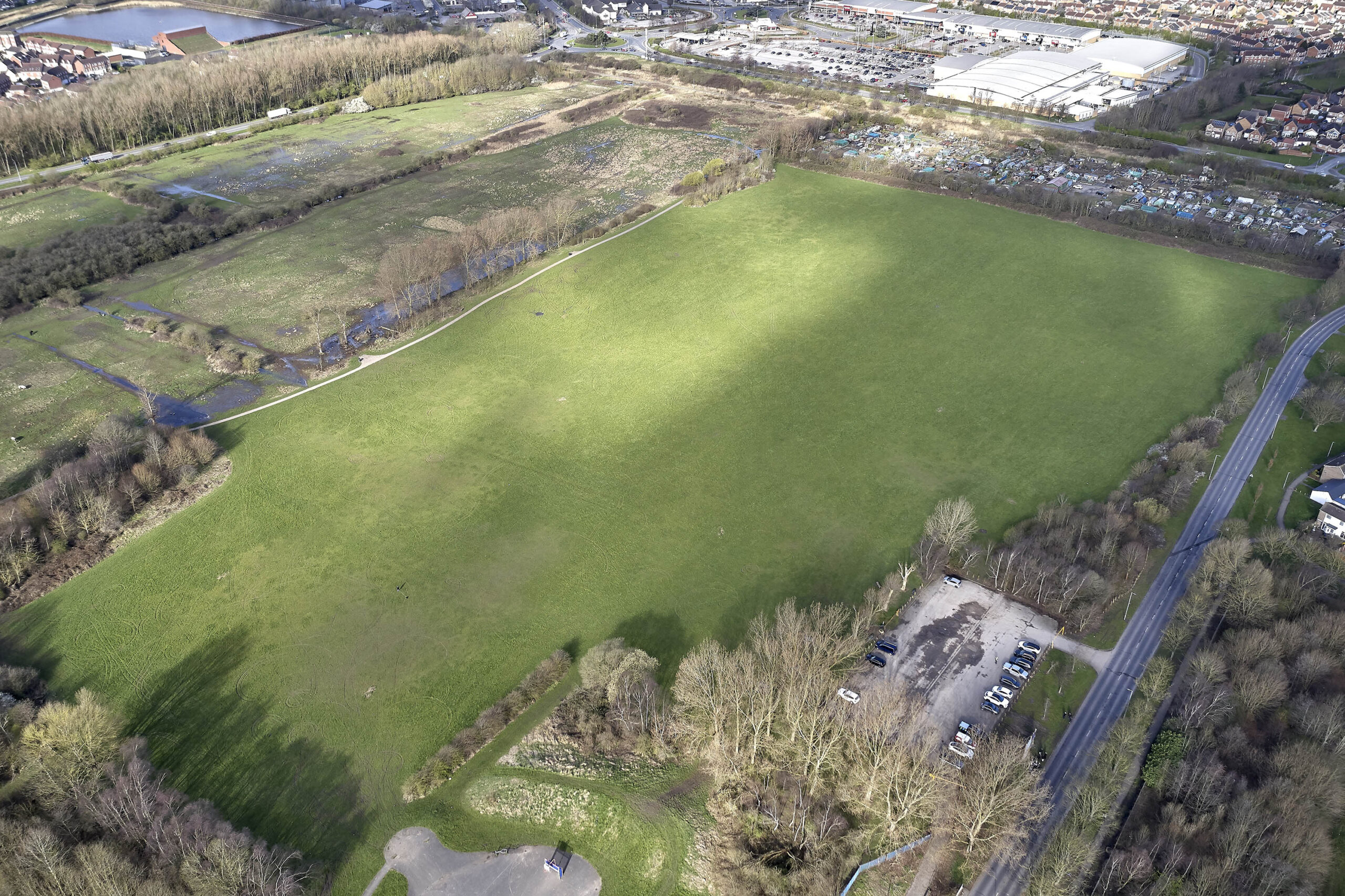 An aerial shot of Bude Park Playing Fields.