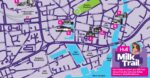 a colourful map of the trail. There is a logo in the bottom right in purple and pink, which says Hull Milk Trail and has a cartoon image of a person breastfeeding
