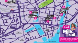 a colourful map of the trail. There is a logo in the bottom right in purple and pink, which says Hull Milk Trail and has a cartoon image of a person breastfeeding