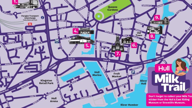 a colourful map of the trail. There is a logo in the bottom right in purple and pink, which says Hull Milk Trail and has a cartoon image of a person breastfeeding