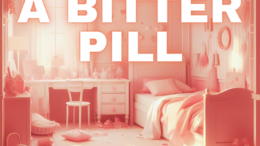 A pink washed image of a child's bedroom with 'a bitter pill' written across it