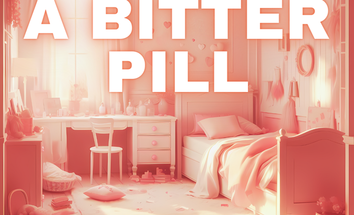 A pink washed image of a child's bedroom with 'a bitter pill' written across it