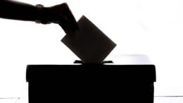 Silhouette of hand putting a ballot paper in a box