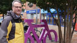 Councillor Mark Ieronimo with one of the new Cyclehoop bike ports in Jameson Street