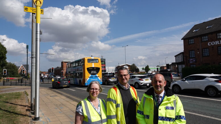 Councillor Mark Ieronimo (centre) with Ruth Gore (left) and Ian Robertson (right) from Safer Roads Humber at the Mount Pleasant Holderness Road Junction