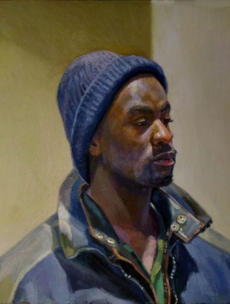 Oil painting of a black man in a blue woolly hat and blue jacket with open colour