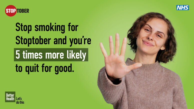 a woman against a green background holds up her hand, with fingers open. Black text next to her reads: stop smoking for Stoptober and you're five times more likely to quit for good.